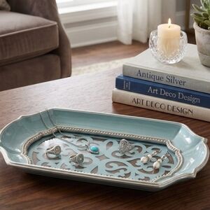Blue Decorative Jewelry Tray with Silver Beaded Accent